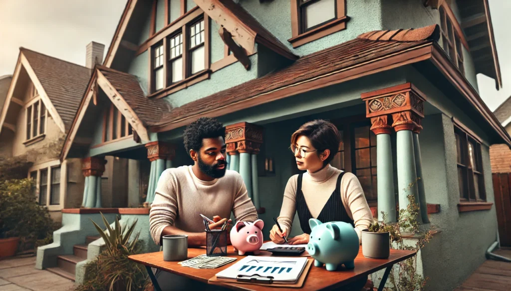 A couple sitting at a table outside a craftsman-style house, discussing and planning their savings for a down payment.