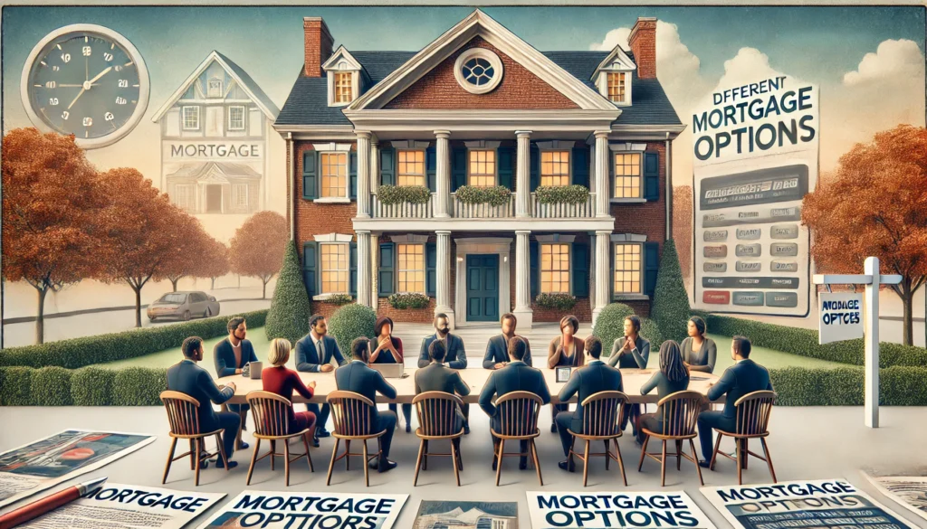 A scene featuring a diverse group of people sitting at a table in front of a colonial-style house, discussing different mortgage options.