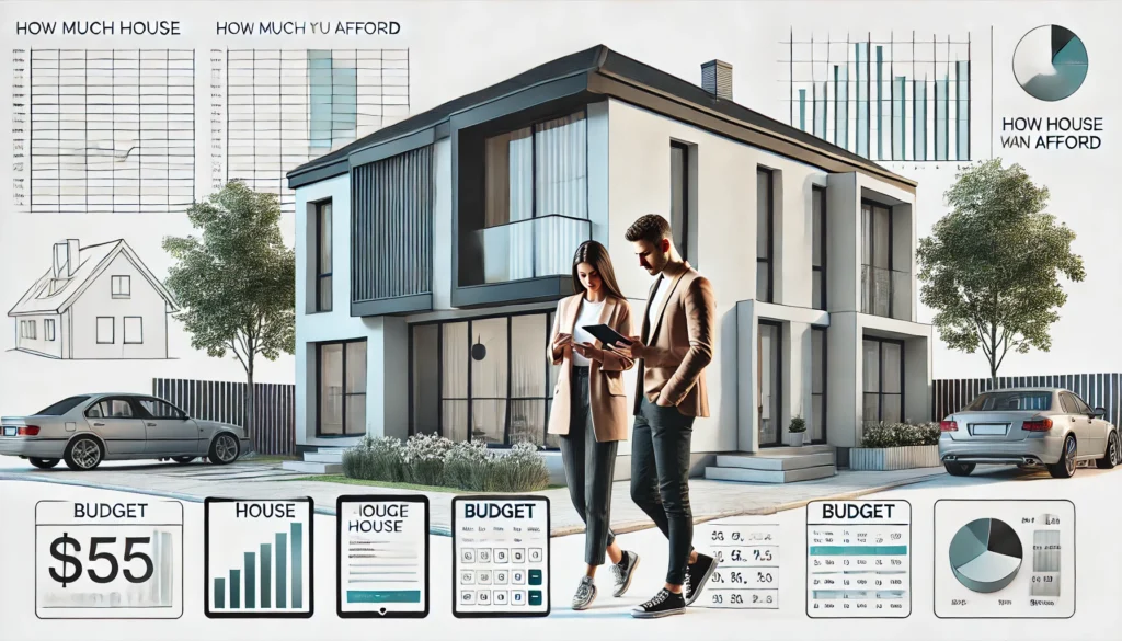 A scene of a couple standing in front of a modern, minimalist townhouse, calculating how much house they can afford. The townhouse has a sleek facade.