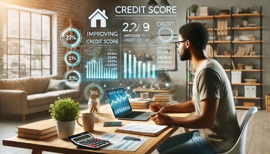 An individual sitting at a modern desk in a well-lit home office, focusing on improving their credit score before buying a home.
