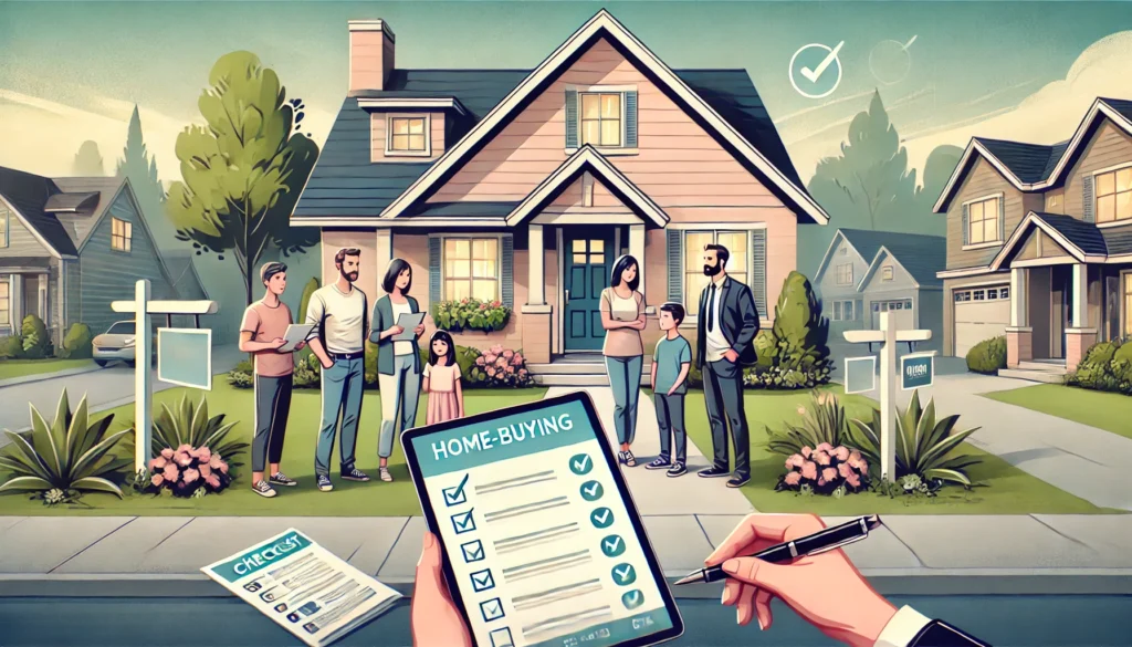 A scene showing a family in front of a charming suburban home, symbolizing the start of their home-buying journey. The family looks excited.