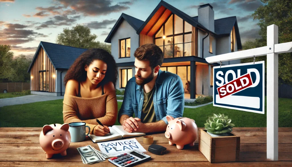 A cozy, modern suburban home in the background with a couple sitting at a table, discussing and planning their savings for a down payment.
