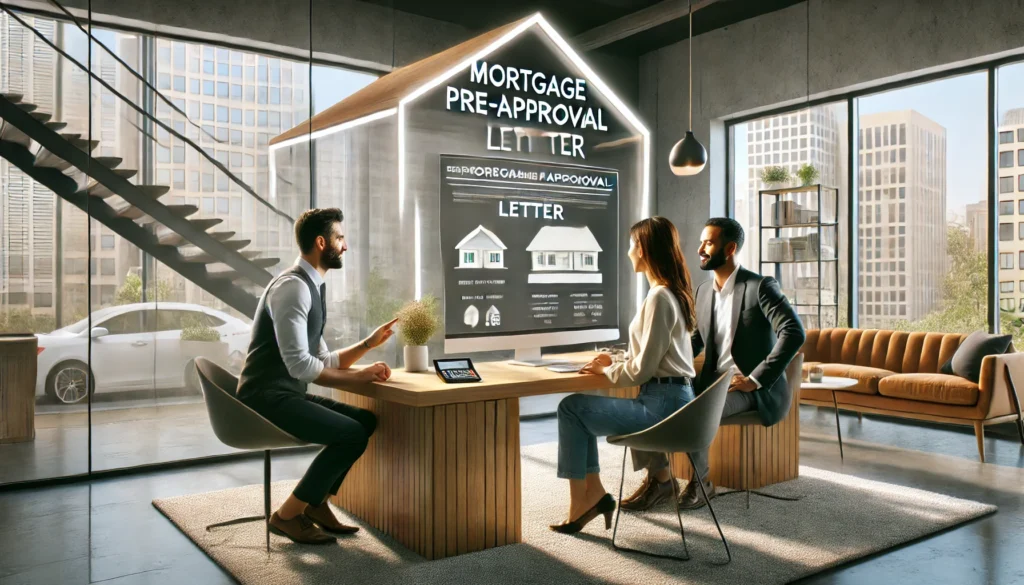 A couple meeting with a mortgage advisor in a stylish office setting, discussing mortgage pre-approval. The office has a contemporary design.