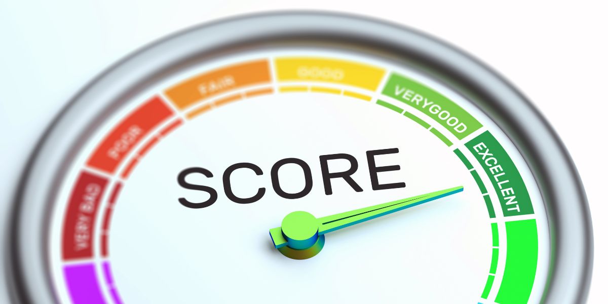 credit score improving Credit score meter pointing to excellent, representing financial improvement.